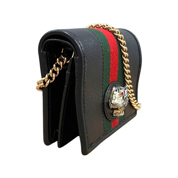 ❌sold❌Gucci Feline Head Crystal Web Leather Mini Chain Wallet - Picture 2 of 6